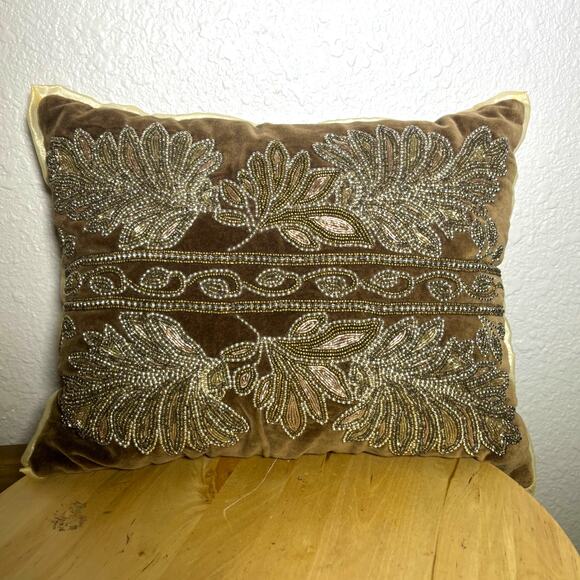 Pier 1 Brown and Gold Beaded Rectangular Shiny Pillow 15 x 12 - Picture 1 of 12
